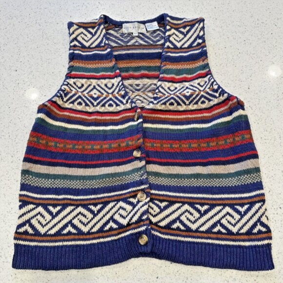 VTG CottageCore Women's P/M Striped Sweater Vest Funky Bright Fair Isle Aztek - Picture 5 of 9
